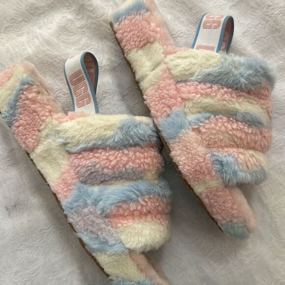 UGG Fluff Yeah Slides Pastel Furry Pink Blue White - Picture 8 of 11